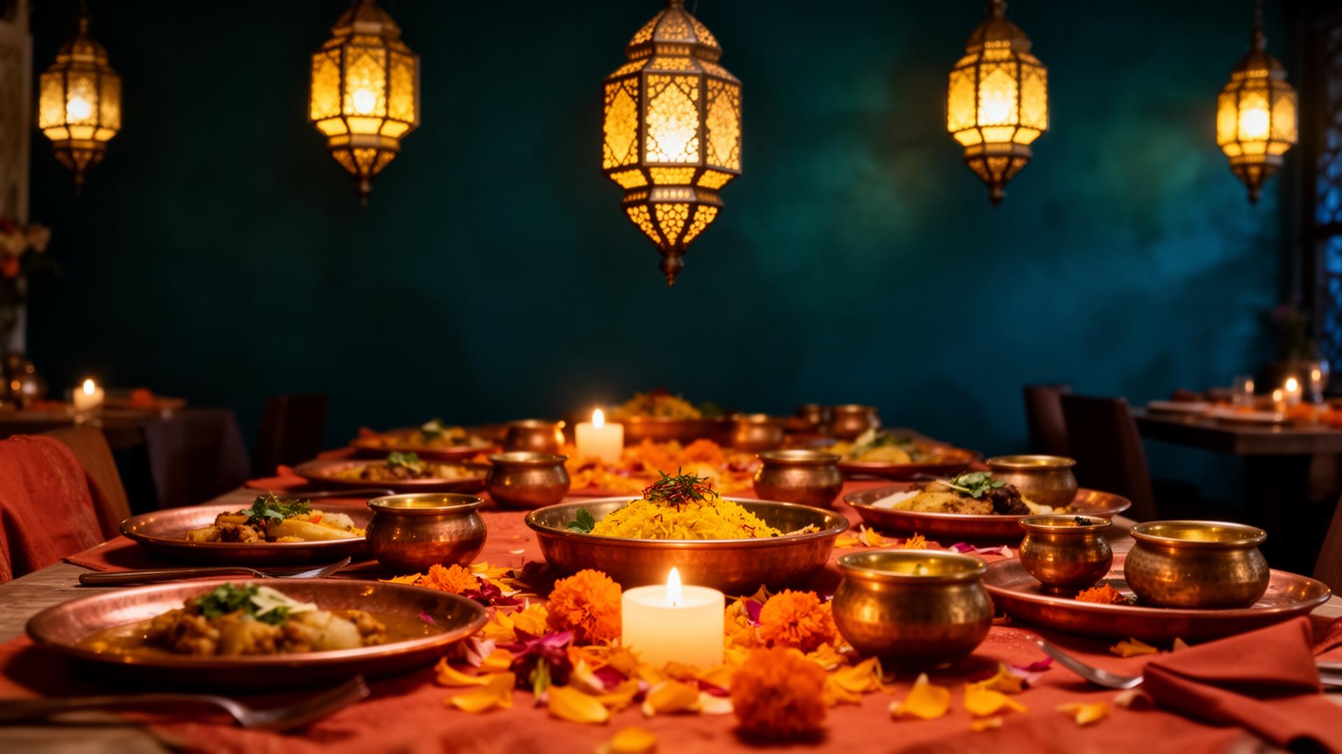 Sfeervol gedekte Indiase tafel met kaarsen en koperen schalen